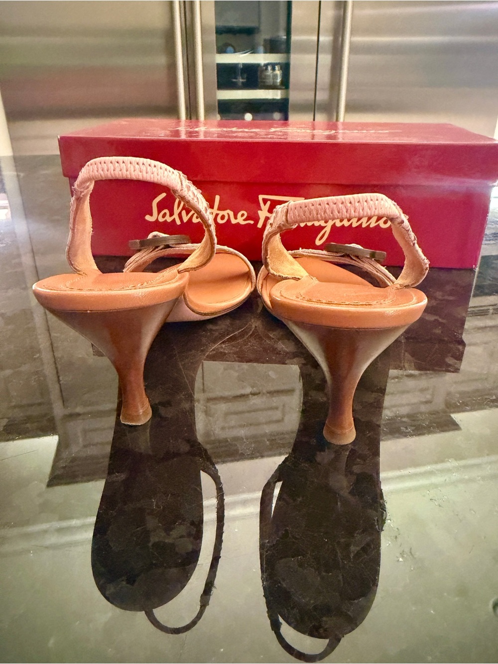 Salvatore Ferragamo Tan and Pink Slingback Heels Size 6.5 AA - Picture 5 of 9